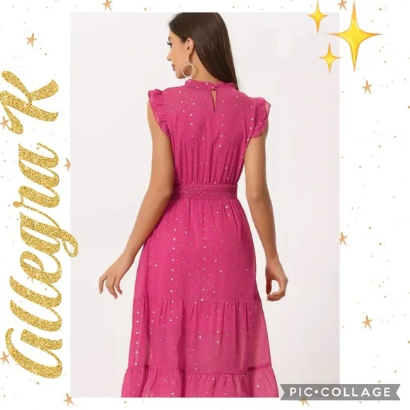 Allegra K Smocked Waist Gilding Metallic Stars Chiffon Dress - Picture 4 of 11